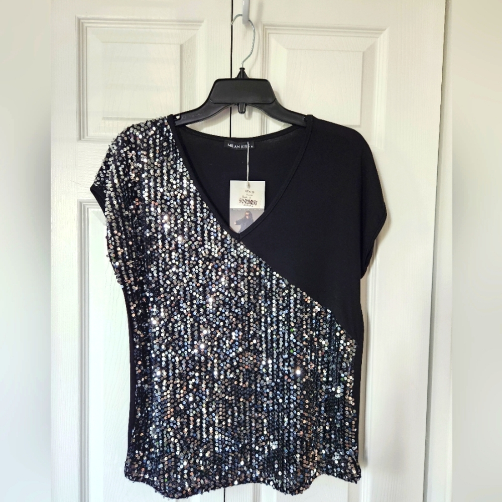 Black/silver sequin v-neck women's top